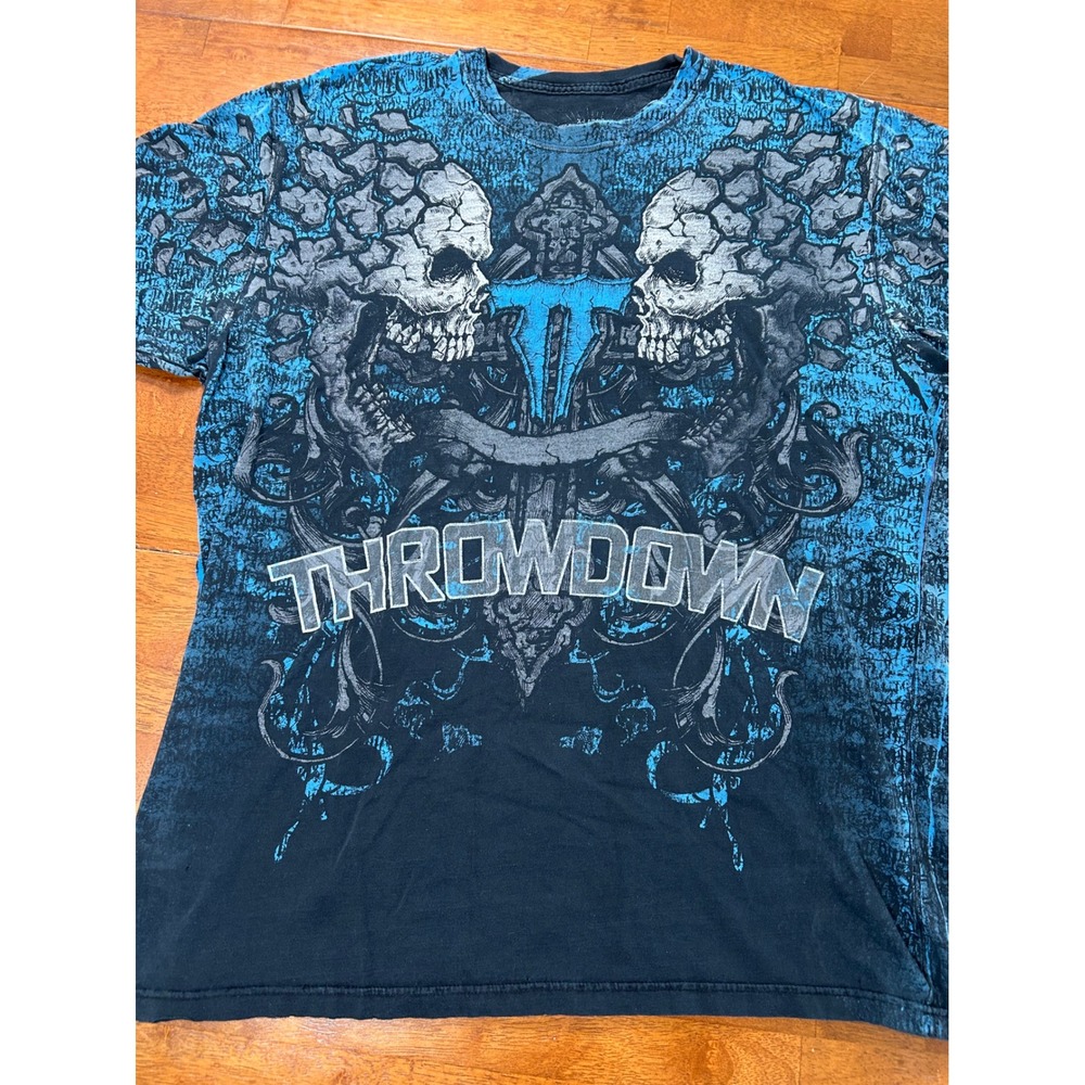 Throwdown Graphic T-Shirt Mens XL Blue Black Skulls MMA Y2K All Over Print